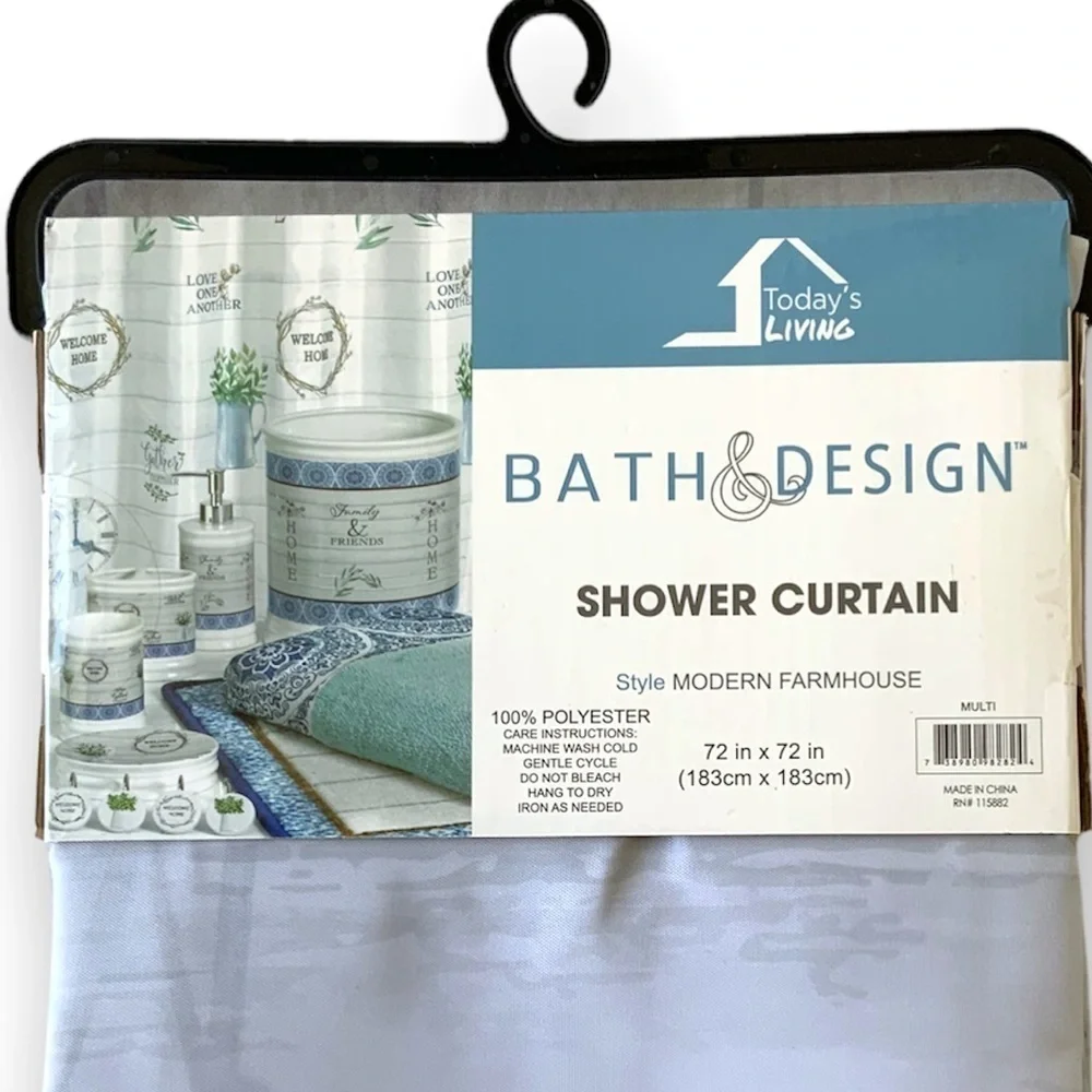 Modern Farmhouse Fabric Shower Curtain White Blue Multicolor 72 in X 72 in